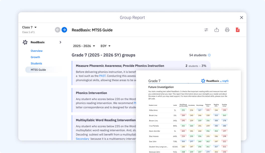 Group Report screenshot showing MTSS groups by skill