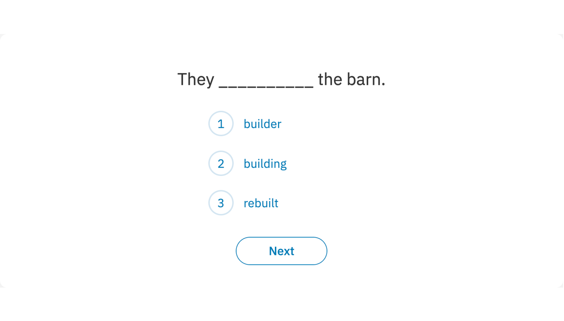 Prefix items ask students to select the prefix that fits the context.