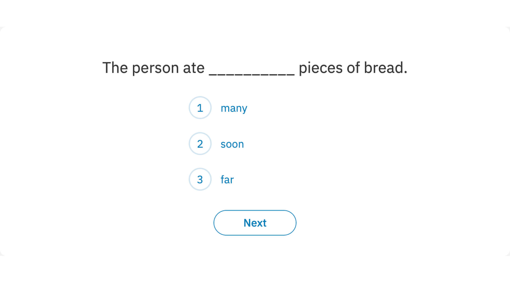 Internal logic items ask students to select adjectives, pronouns, or adverbs that complete the sentence and match the context and syntax.